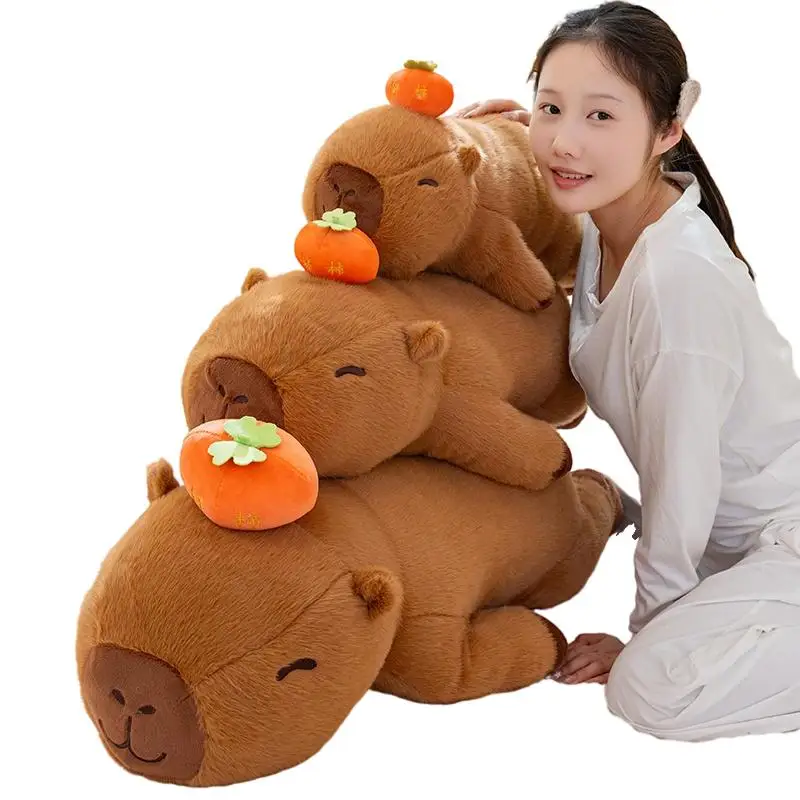 

Brown Lying Persimmon Capybara Plush Pillow Eyes Closed Cartoon Animal Long Bolster Sleeping Leg Support Plushie Friend Gift
