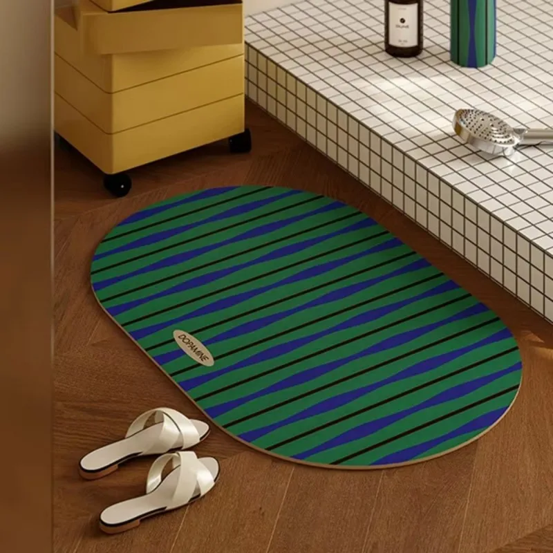 VIKAMA Retro Striped Oval Mat, For Kitchen Bathroom Entry Door, Water Absorbent & Machine Washable, Home Fashion Accessories