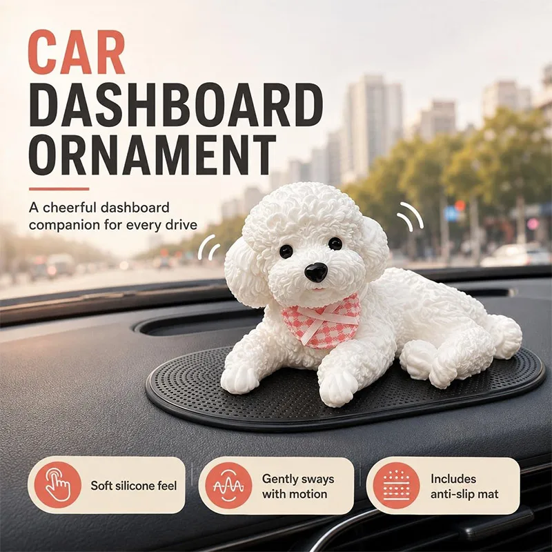 Cute Squishy Silicone Puppy Car Dashboard Decoration Soft Bubble Dog Figurine with Anti‑Slip Pad Puppy Vehicle Interior Ornament
