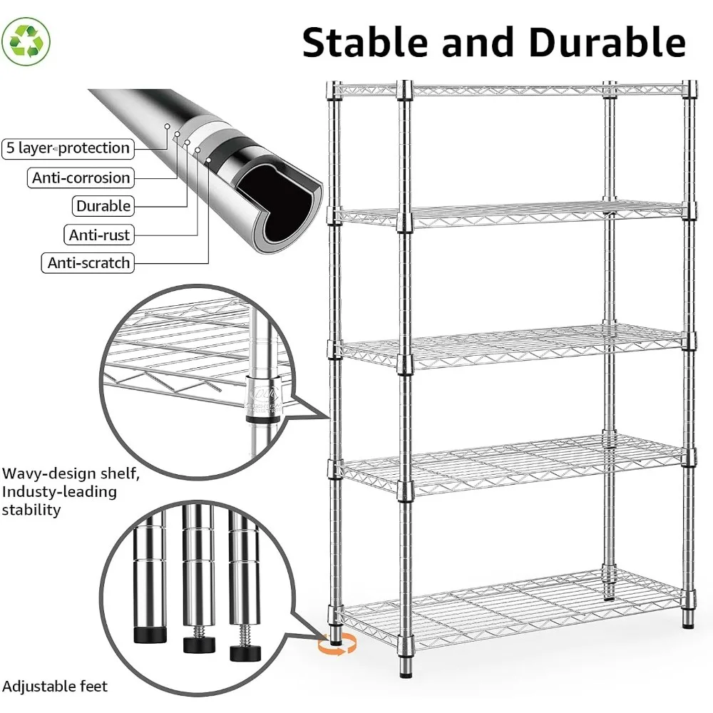 MZG-Steel Storage Shelving Unit, Utility Organizer, Wire Rack para casa, cozinha, escritório, 5-Tier