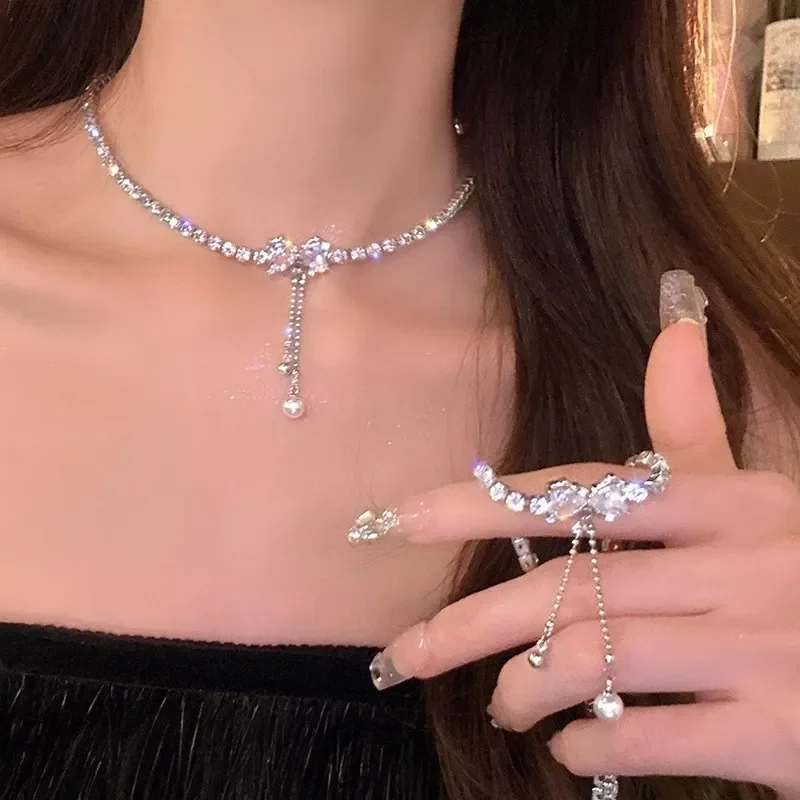 Inlaid Zircon Bow Pearl Tassel Necklace Women\'s Personalized Fashionable Clavicle Chain Accessories Party Jewelry Birthday Gifts