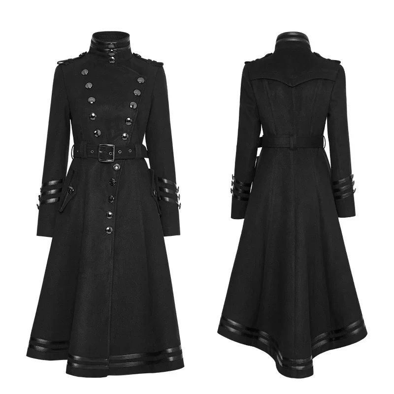 PUNK RAVE Women\'s Punk Military Metal Button Winter Wool Uniform Black Coat with Belt Fashion Palace Women Long Jackt Coats