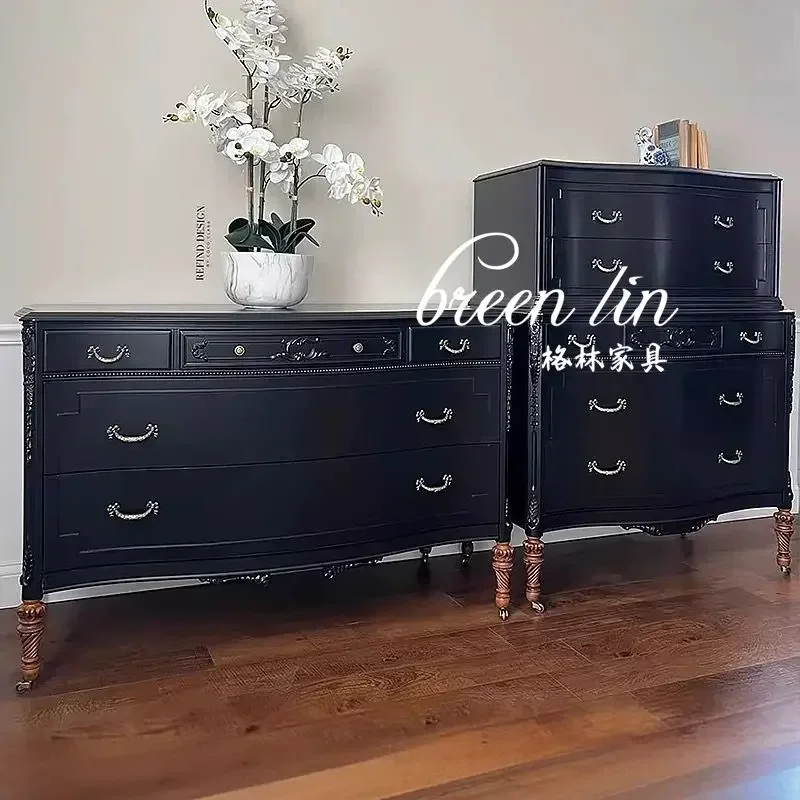 American rural antique solid wood bucket cabinet retro living room decorative cabinet French style, carved wall display cabinet6