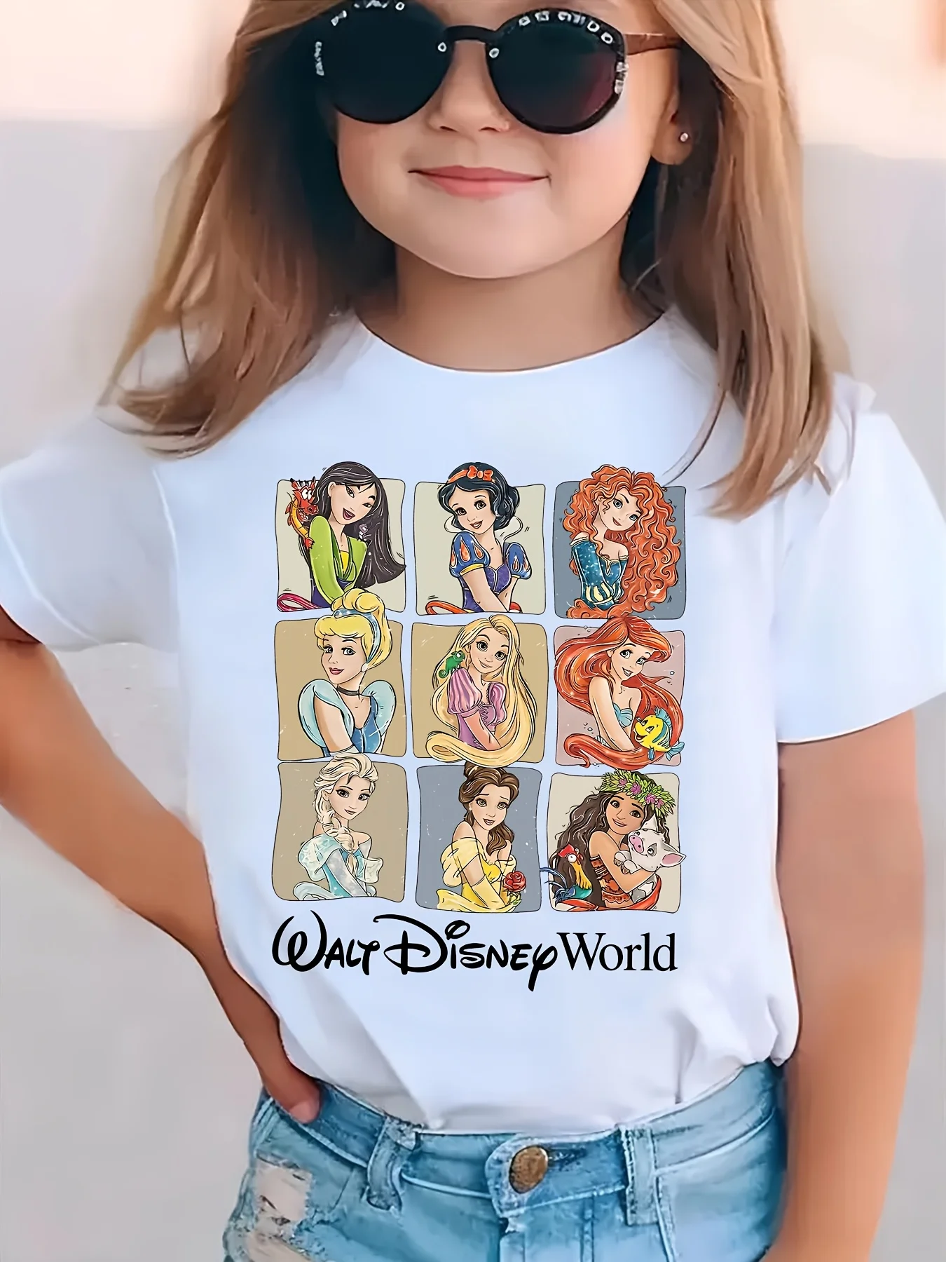 Disney Parent-child T-shirts - Printed with Cute Cartoon Princesses, Round Collars, Casual Summer Wear for Boys and Girls