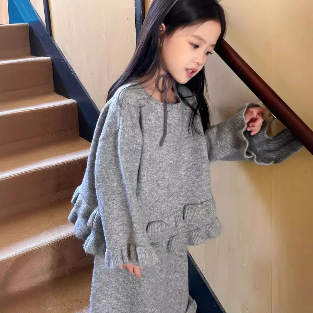 Children Clothing Girls Korean Style Fashion Casual Sweater Set 2024 Autumn New Girls Solid Color Simple Soft Knit Two Piece Set