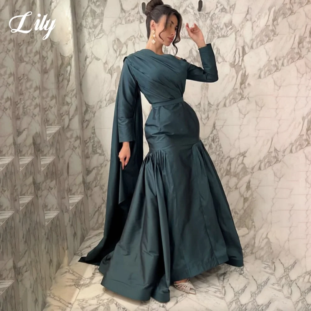 

Lily Elegant O-Neck Formal Gown Shawl Long Sleeveless Prom Dresses Satin Pleating Mermaid Evening Dresses for Woman Customized