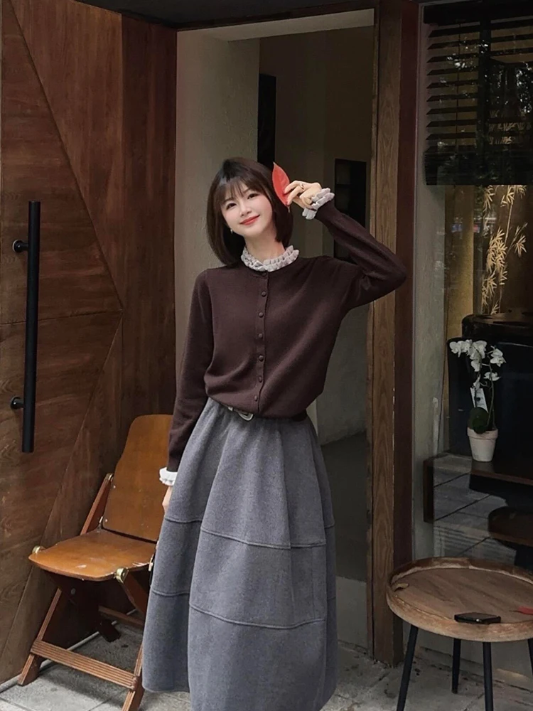 Retro koreański długi kardigan z dzianiny, rozpinany, damski, jesienno-zimowy sweter-płaszcz z drewnianym wzorem.