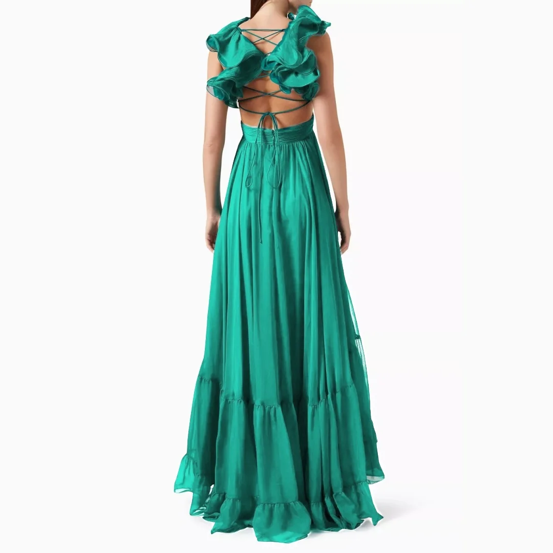 Fashion Spaghetti Straps Ruffles Evening Dresses Soft Chiffon V-neck Pleats Wedding Guest Gowns Chic Girl's Pageant Prom Dress