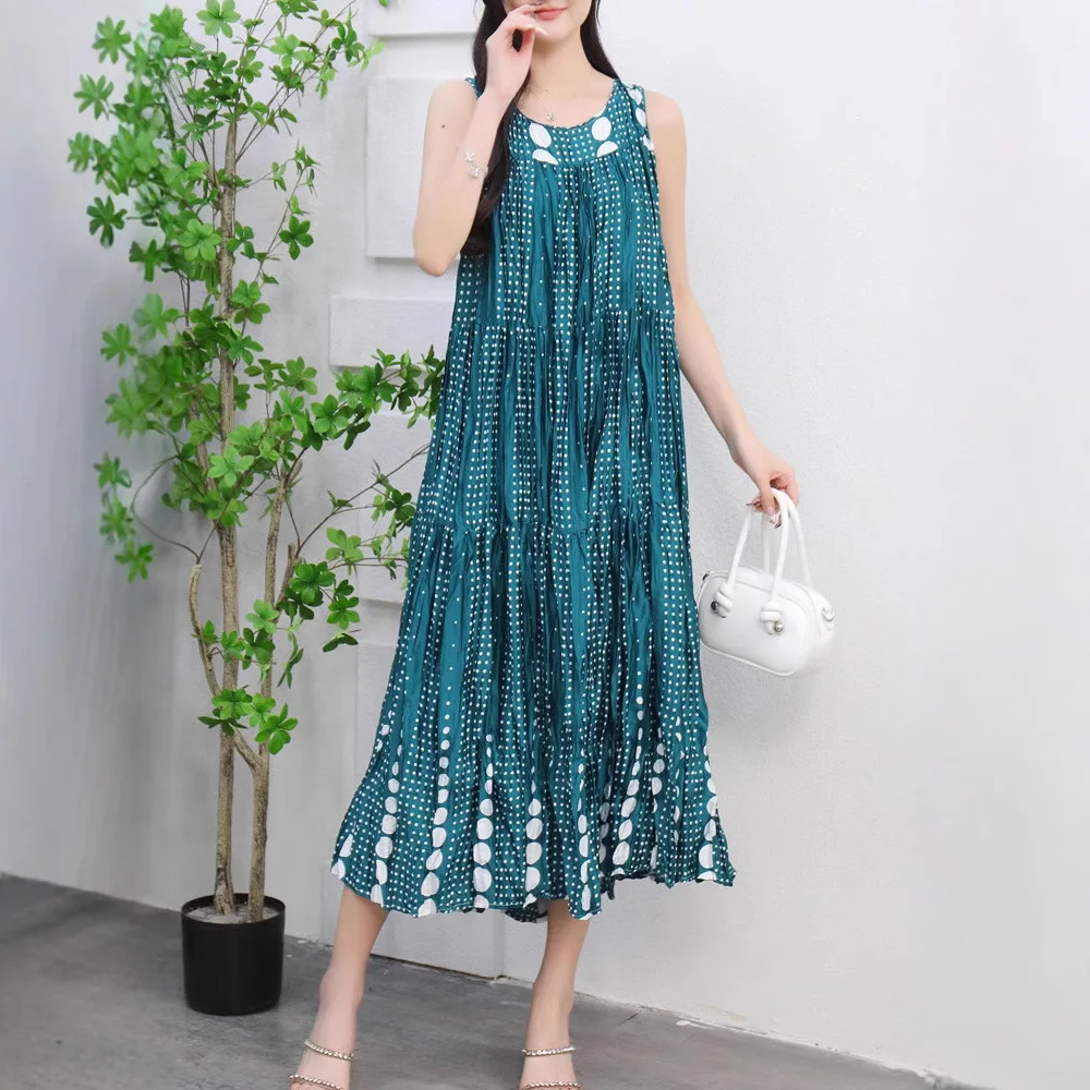 주름진 레트로 폴카 도트 드레스 여성 여름 편안한 매력적인 경량 민소매 해변 휴가 스타일 빅 스윙 스커트