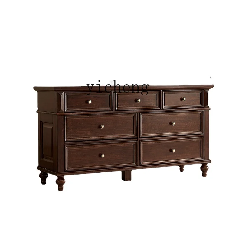 

YY Chest of Drawers Solid Wood American Black Walnut Color Retro Living Room against the Wall 7-Drawer Cabinet