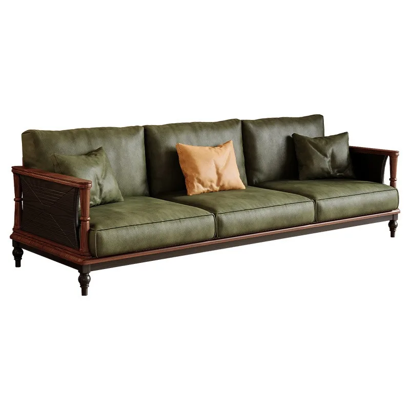 Medieval solid wood sofa, modern simple living room chair household small apartment straight row fabric sofa