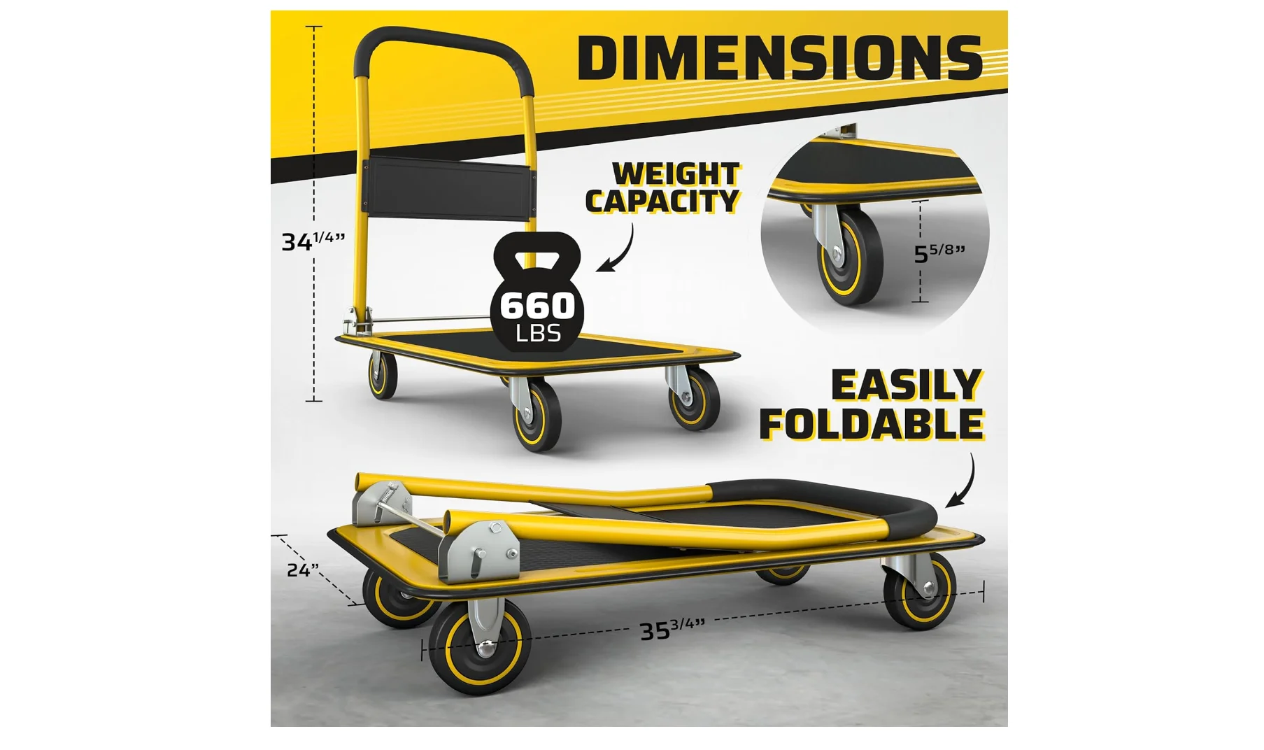 Upgraded Foldable Push Cart Dolly | 660 lbs. Capacity Moving Platform Hand Truck | Heavy Duty Space Saving Collapsible | Swivel