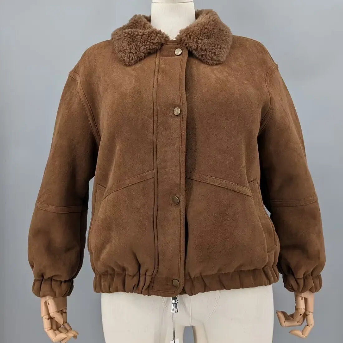 Women Brown Real Lamb Wool Lined Suede Cargo Jacket Lapel Collar Button Down Pocket Casual Winter Workwear Coat 241107