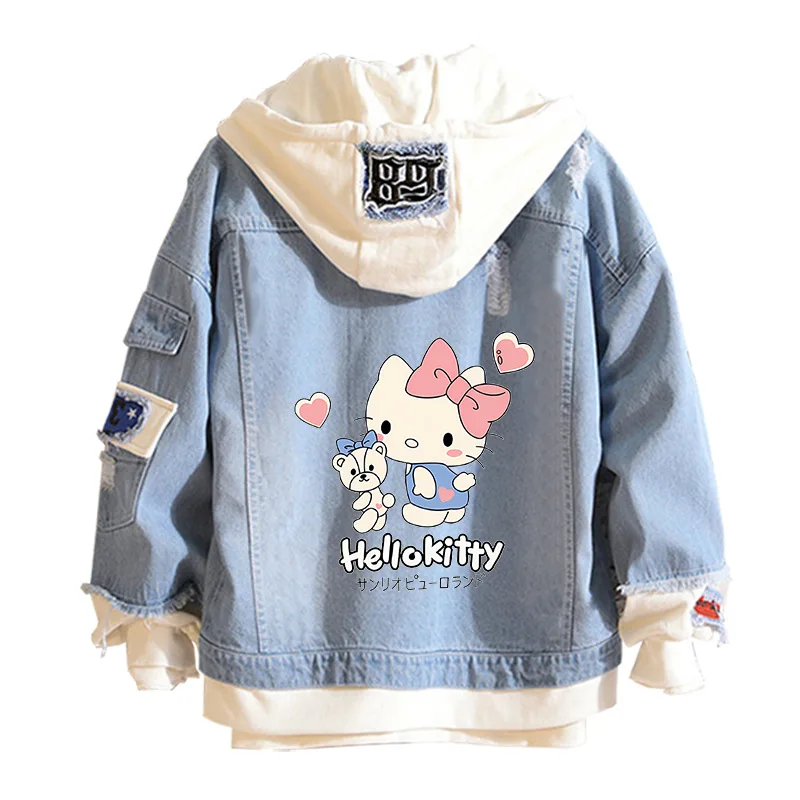 อะนิเมะ Sanrio DENIM เสื้อแจ็คเก็ต Hello Kitty กางเกงยีนส์ Hooded เสื้อกันหนาว Unisex Ripped Hole คอสเพลย์ Hoodie แขนยาว DENIM แจ็คเก็ต