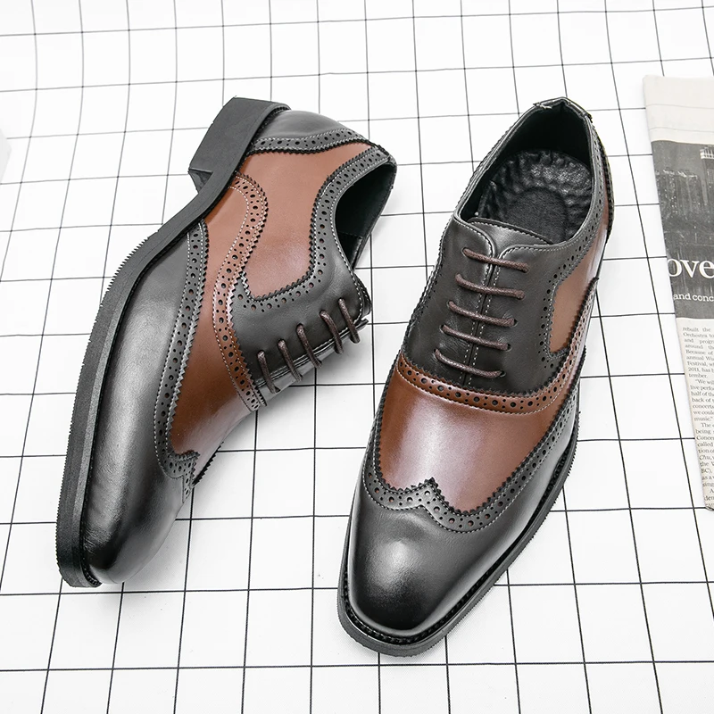 European Station Fashion Block Shoes Men Pointed Lace up Business Office Dress Shoes Banquet Wedding Shoes Size 38-48 Men Shoes