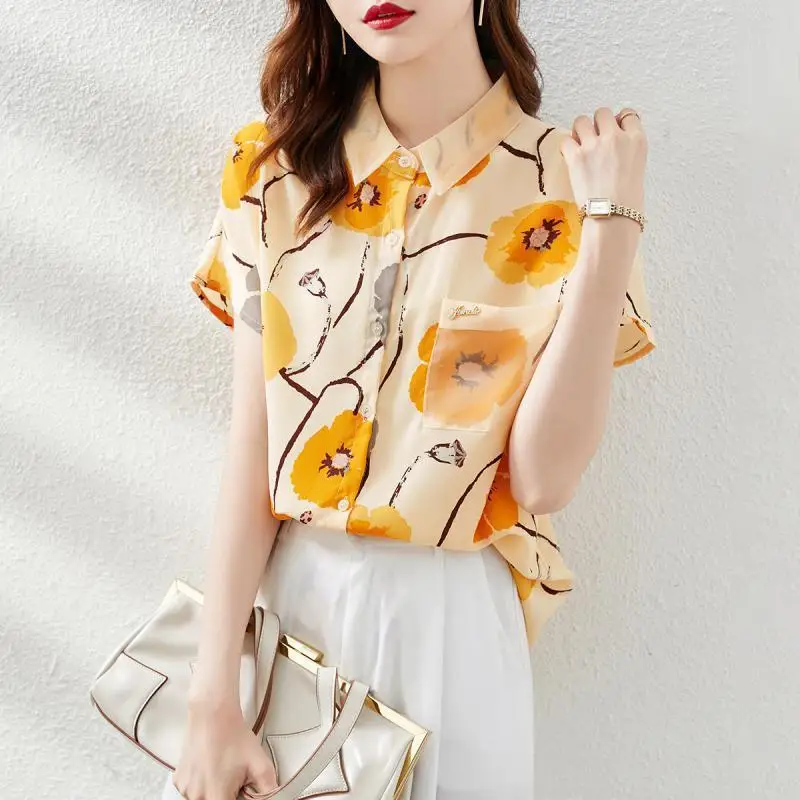 Vintage Printed Spliced Pockets Gauze Lapel Diamonds Oversized Chiffon Shirt Summer Casual Tops Loose Commute Women\'s Blouse