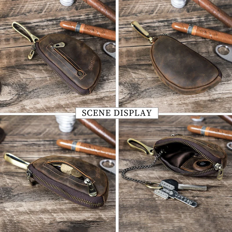 New Fashionable British Style Crazy Horse Zipper Small Wallet Female Airtag Men Tracker Position Leather Key Purse Men's Wallets