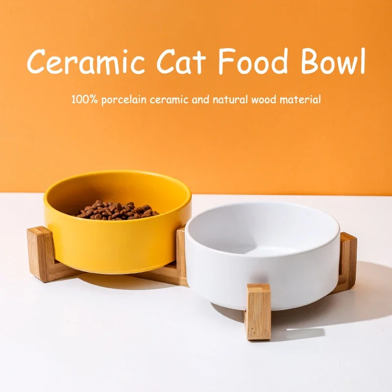 Ceramic Dog Bowl Cat Food Water Bowls with Wood Stand No Spill Large Feeder Dish for Dogs Cats Feeding Puppy Bowls Pet Supplies