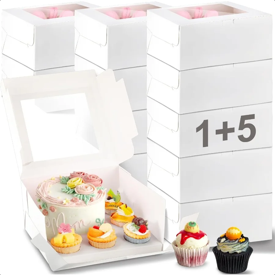 

12 Pcs Bento Cake and Cupcake Box 1+5 Bento Box with Clear Window Fit 5 Cupcakes and 1 Mini Cake for Wedding Birthday Party Bab