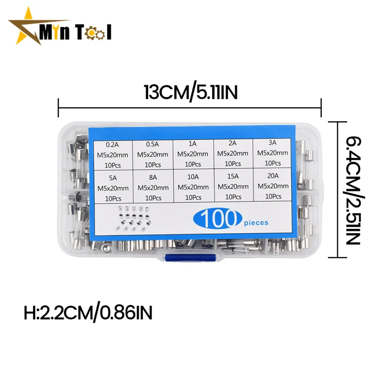 100 PCS Blow Glass Fuse Box Kit 5x20 250V For Circuit Current Protection 5*2 0mm0.2/0.5/1/2/3/4/5/6/7/8/10/15/20/25 Power Supply