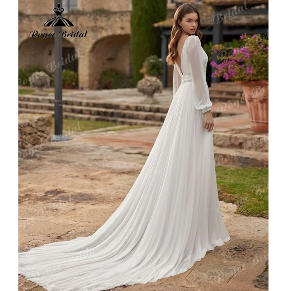 Plunging V Neck Long Lantern Sleeve Wedding Dress Crochet Trim Chiffon Cutout Waist A Line Boho Vestido De Novia Customized