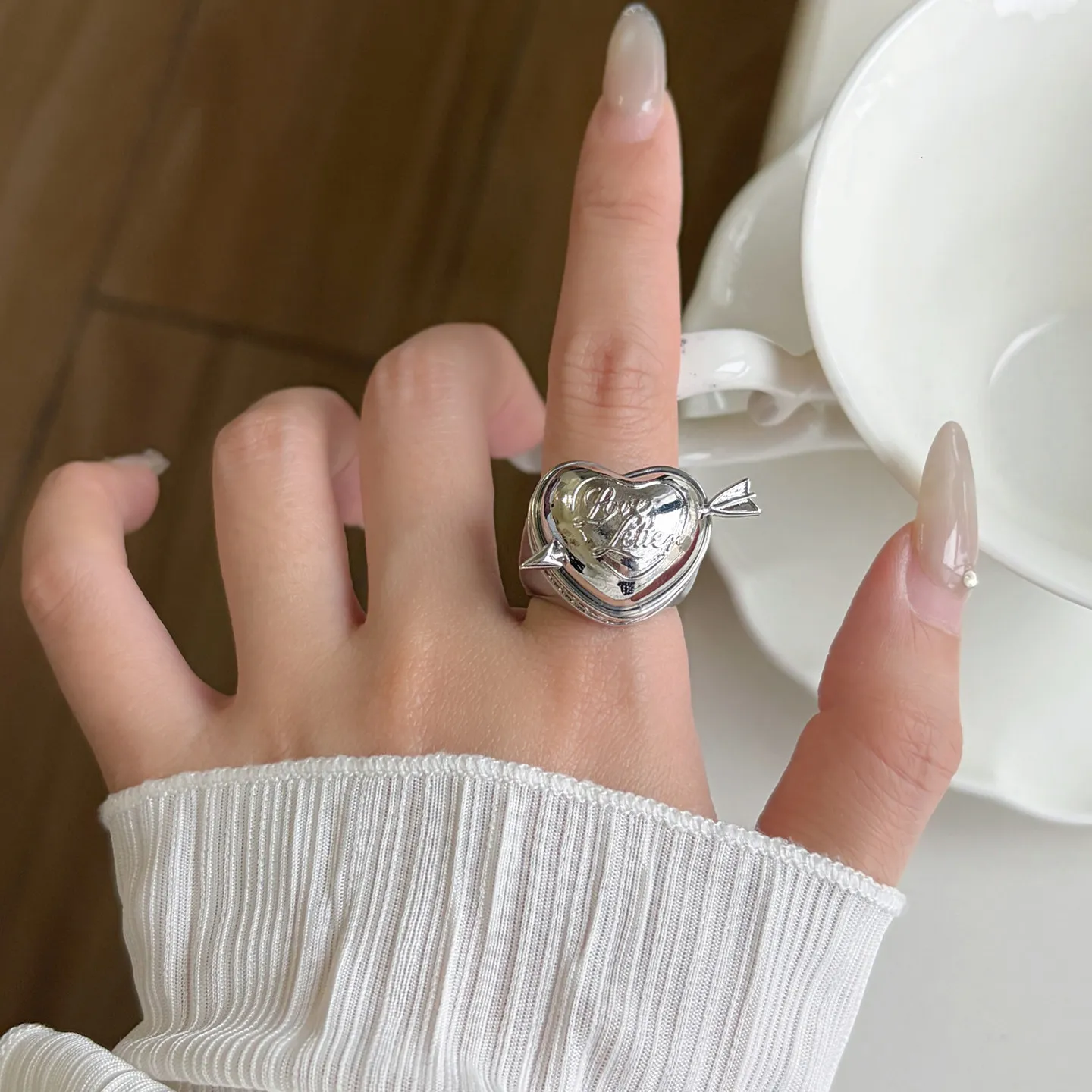 Gothic Cupid Arrow Puffed Heart Locket Ring Gold Silver Two Tone Metal Open Ring Chunky Heart Jewelry Gift for Her