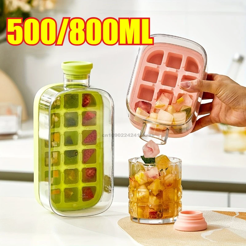 12-Gitter 500/800 ml Silikon-Eiswürfelform in Lebensmittelqualität, großes Fassungsvermögen, Wasserflaschen-Kombination mit Deckel, flexible transparente Kunststoffform
