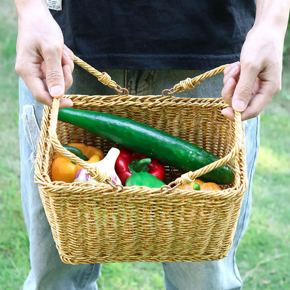 フェイクラタン製手作りフルーツバスケット（取っ手付き）装飾用多機能キッチン野菜収納バスケットフルーツホルダー