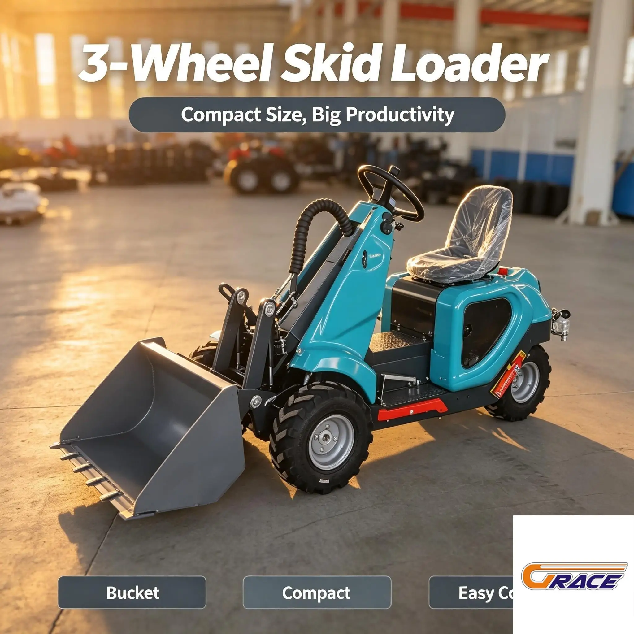 3 Wheel Skid Steer Loader 2T EPA Euro5 Diesel Compact for Farm Construction Warehouse Gravel Work
