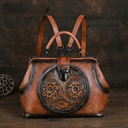 Vintage Luxury Handmade Leather Travel Backpacks for Women Designer Handbags Hasp Ladies Shoulder Bags Embossed Woman Backpack