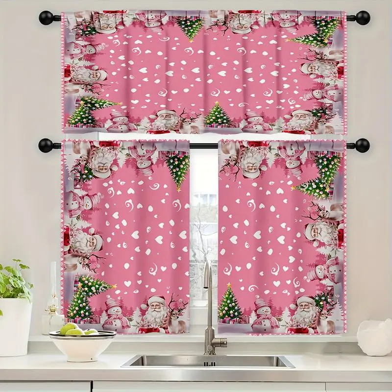 VIKAMA Christmas Kitchen Curtain Pink Santa Snowman Reindeer Heart Print Holiday Decoration Cafe Curtain Short Window Curtain