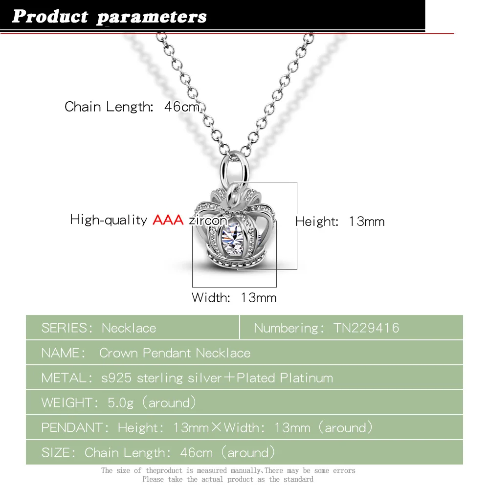 Romantic Trendy 925 Sterling Silver Princess Crown Pendant Vintage Necklace for Women Shiny Choker Clavicle Chain Jewelry