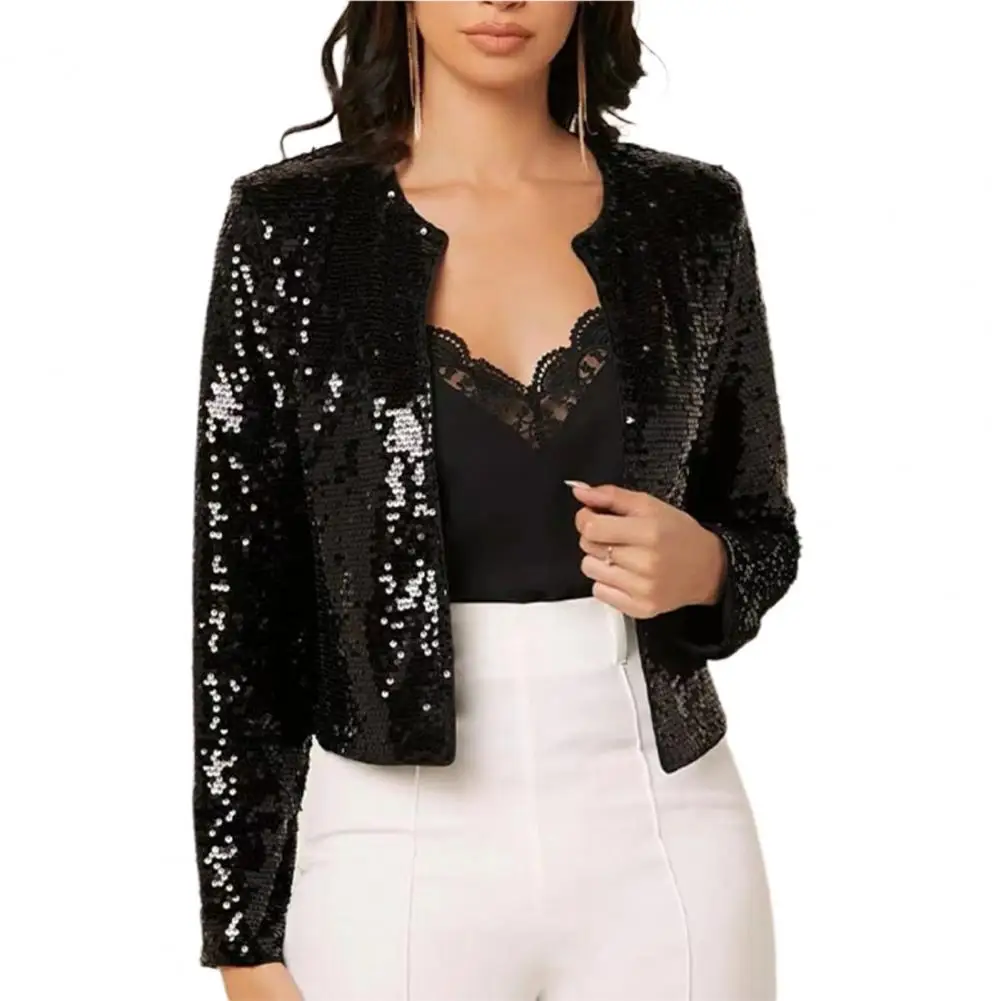 

Classic Sequin Jacket Sequin Decoration Smooth Lined Women Jacket Sequin Shrug Open Front Crop Jacket