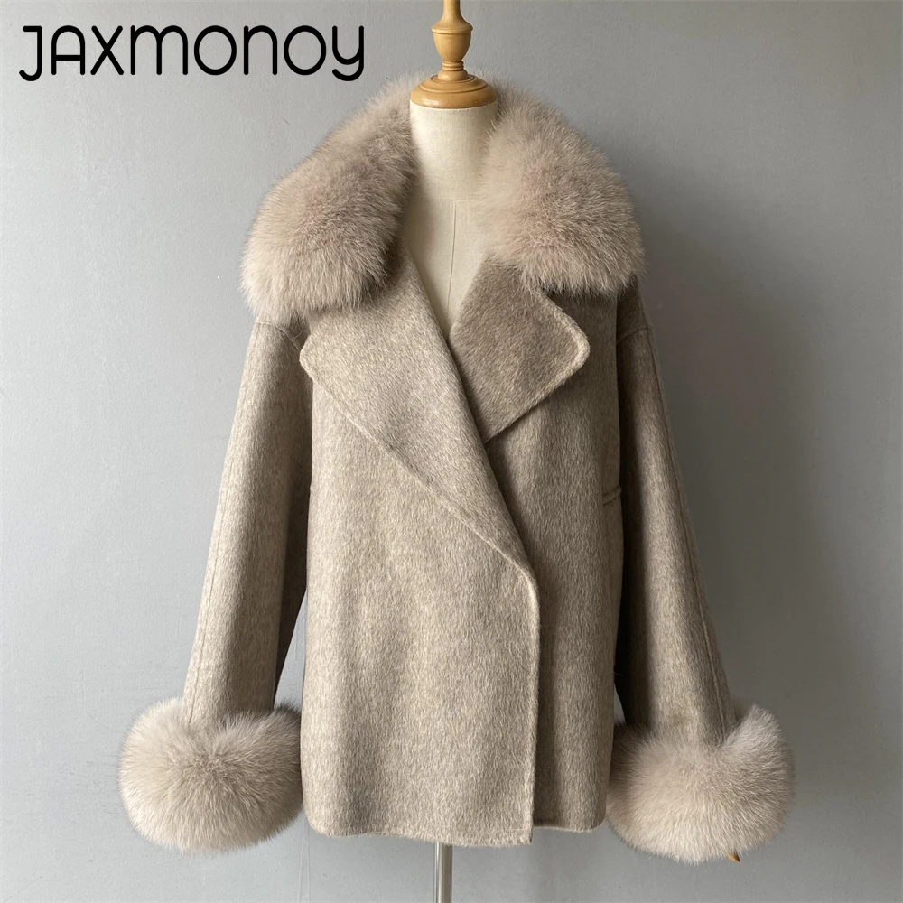 Jaxmonoy Women's Wool Coat with Real Fur Ladies Wool Coats and Mixtures Fall Winter Fashion Medium Lenght New In Outerwear 2024