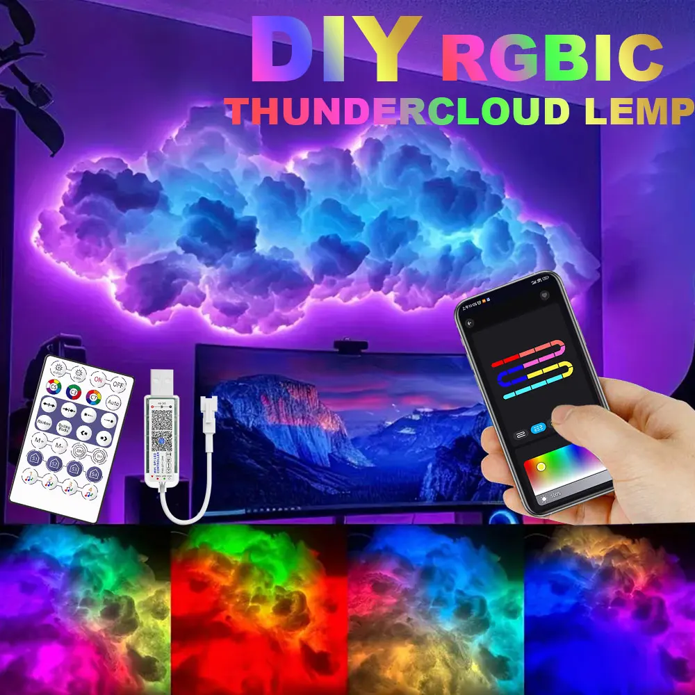 

3D Big Cloud Lightning Light 360-градусный беспроводной пульт дистанционного управления через приложение Синхронизация музыки Многоцветная молния Smart Cloud Light для домашнего светодиодного декора