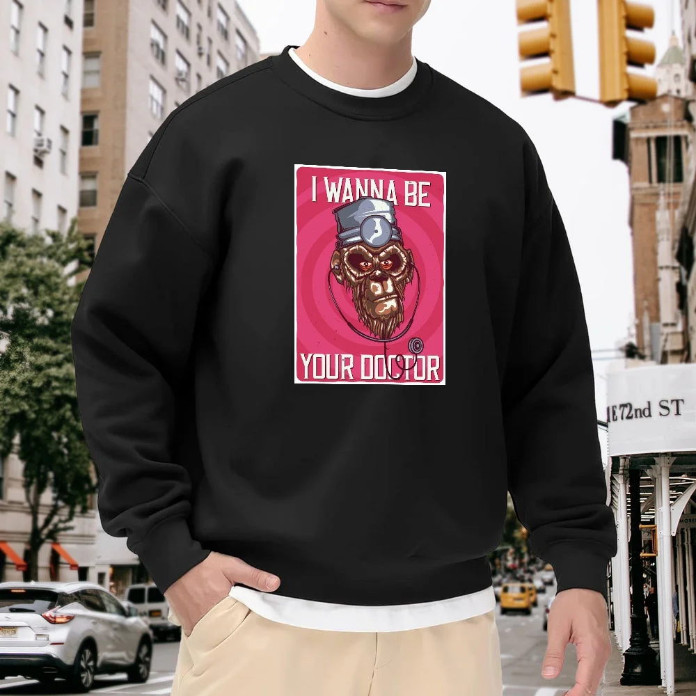 

Men's Black Crew Neck Pullover Sweatshirt with Fun Ape Doctor Print, Loose Casual Top, Versatile for Everyday Street Fashion, Comfortable, Breathable, and Non-Shrinking