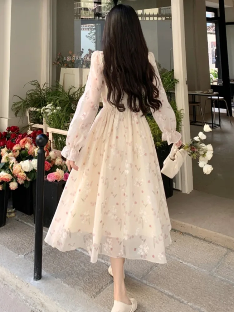 French Floral Print Fairy Midi Dresses for Women Square Collar Lace Patchwork High Waist Long Sleeve A-line Autumn Vestidos New