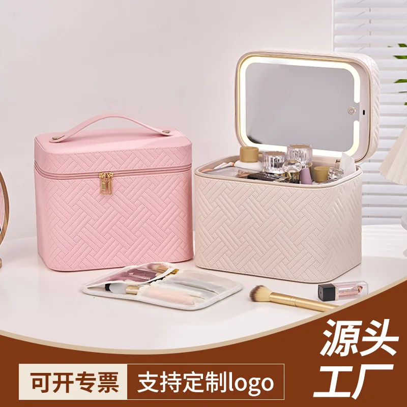 Luxury Waterproof Cosmetic Bag With Led Lighted Mirror Large Travel Makeup Organizer Portable Toiletry Case Woven Pattern Design