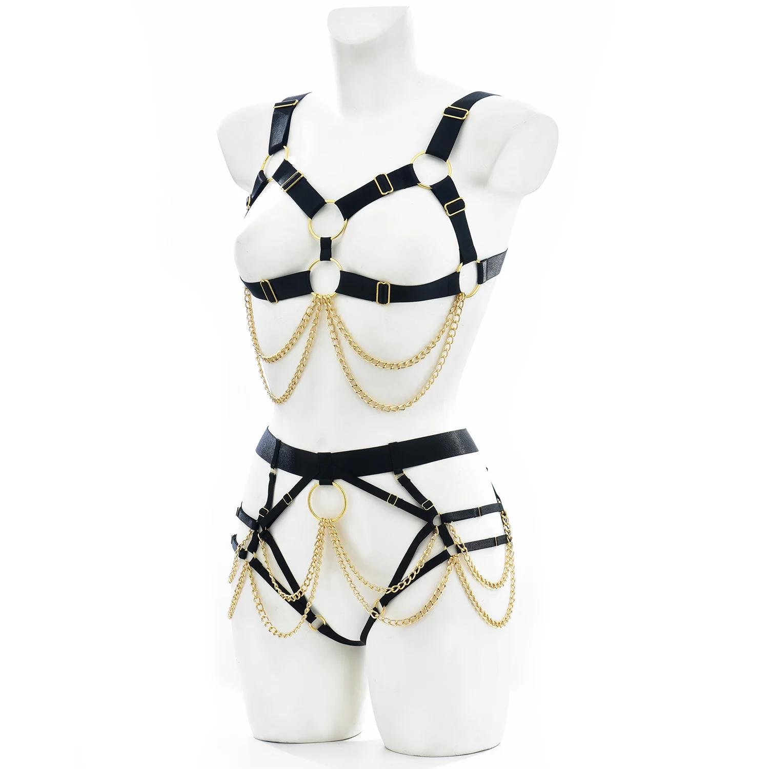 Harajuku Elastic Crop Top Bra Body Chain Harness Sexy Lingerie Set Open Chest Bra Hollow Accessories Women G String Briefs