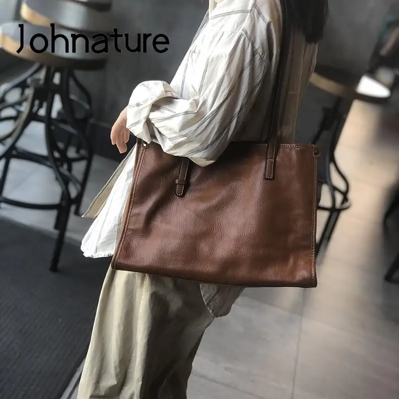 Johnature Genuine Leather Tote Bag Women Autumn Winter 2024 New Fashion Large Capacity Commuter Real Cowhide Shoulder Bags