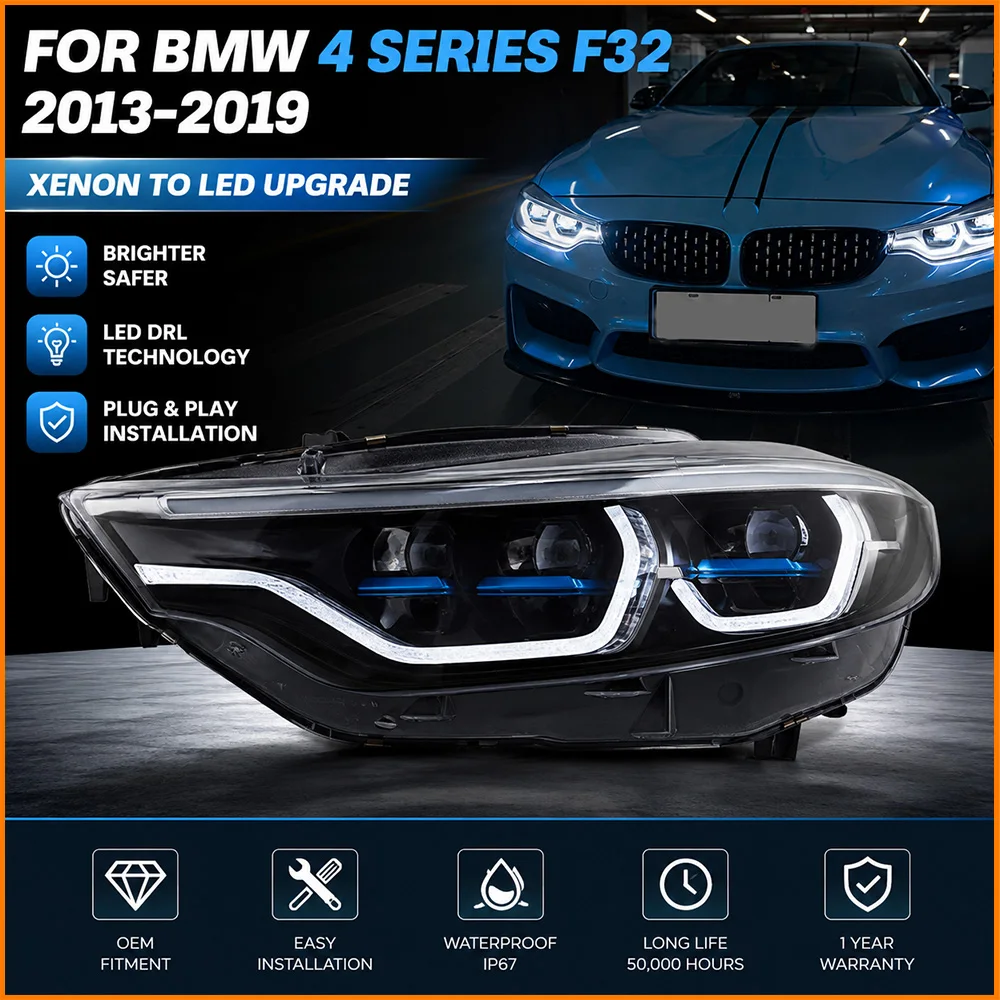 For BMW F32 F36 4 Series M4 2013-2019 LED Headlight M3 Competition Style Dual Projector Startup Scan Blue Sliver Frame Assembly