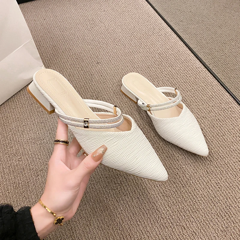 Women Mules Shoes Summer New Pointed Toe Chunky Heels Ladies Slippers Fashion Plus Size 35-42 Dress Party Mid Heel Shoes Women