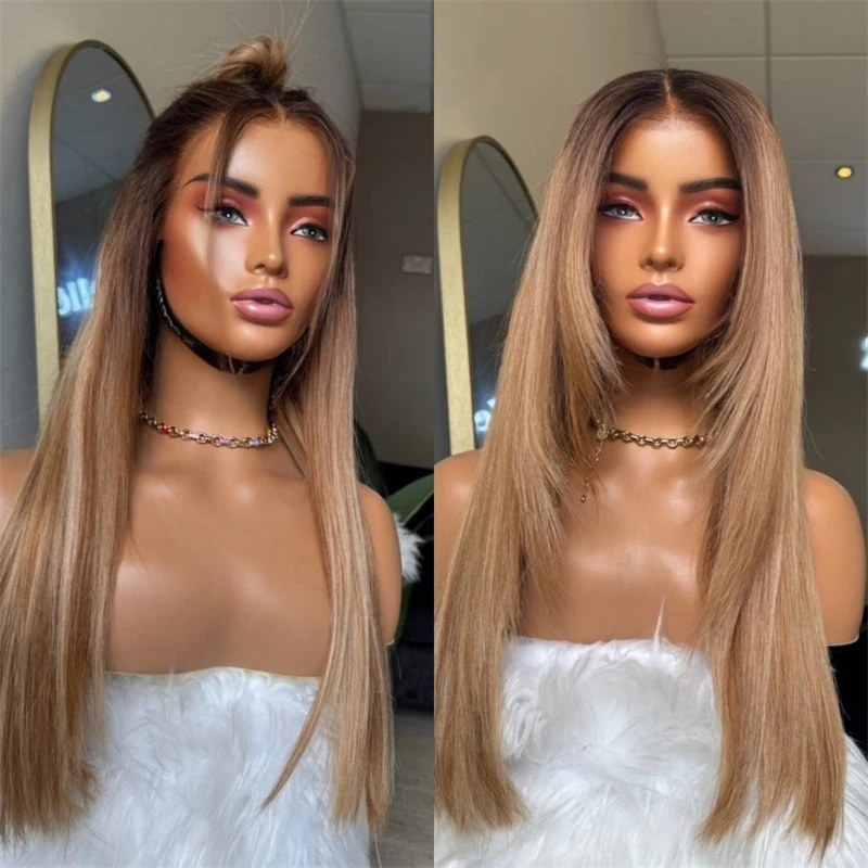 

Auburn Layered Velvet Kiss Soft HD Lace Front Wig Ombre Honey Brown Wigs High Quality Glueless Heat Resistant Synthetic Wig