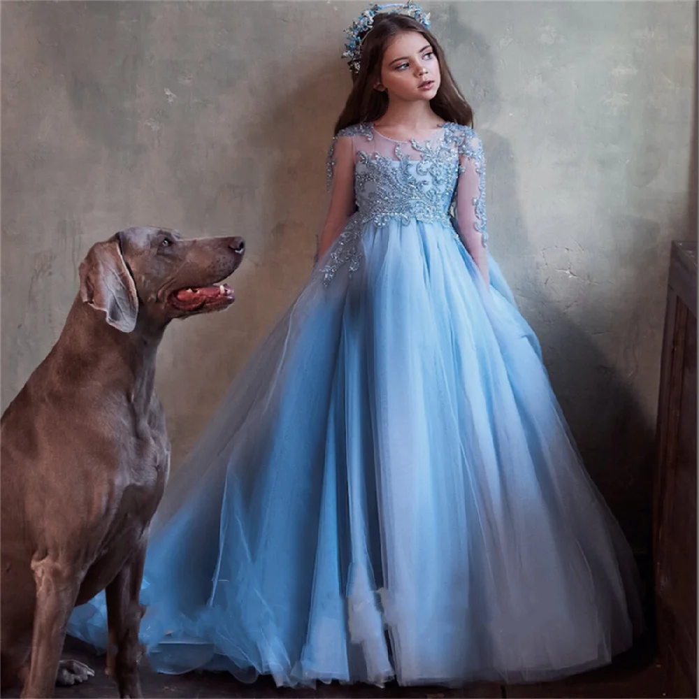 Blue Flower Girl Dress  Long Princess Wedding  Birthday Fashion Baby Communion Baptism Party Dresses and Events Summertim