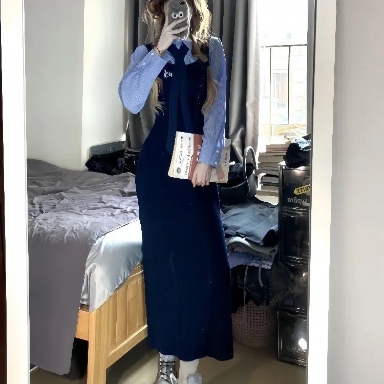 Atmosphere, Dressing, Temperament, Suspender Dress, Women's Early Autumn, 2025 New Preppy Suit, Long Skirt