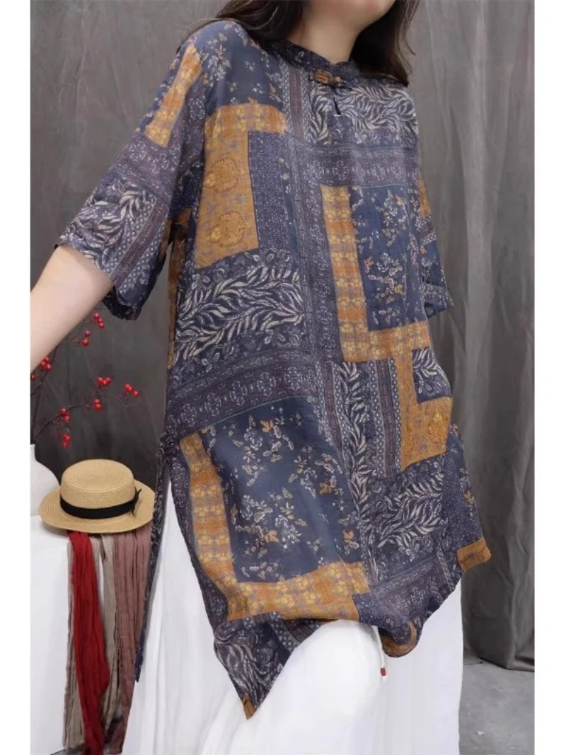 

Рубашка в китайском стиле в стиле ретро с наклонным воротником и принтом рами для женщин, новинка 2025, летний легкий дышащий топ w108