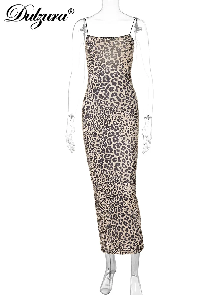 Dulzura Leopard Sleeveless Backless Lace Up Cami Midi Dress Tight Sexy Outfit Party Clubwear Autumn Winter