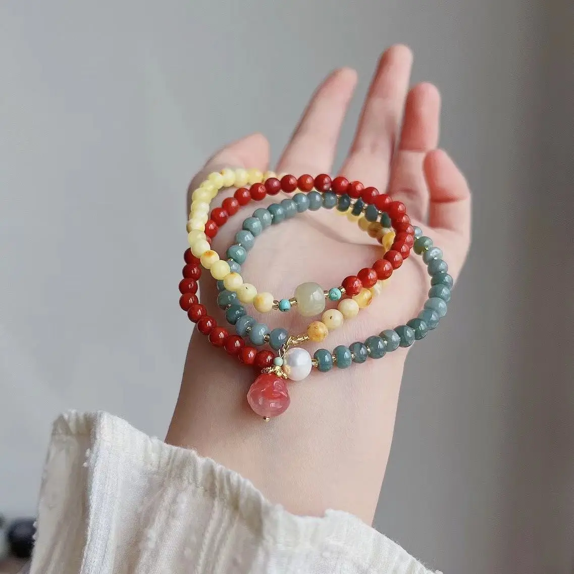 New Tricolor Multi-Circle Bracelet Raw Ore Baihua Beeswax Blue Water Jade Bead Playing Southern Red Agate Girlfriends Jewelry