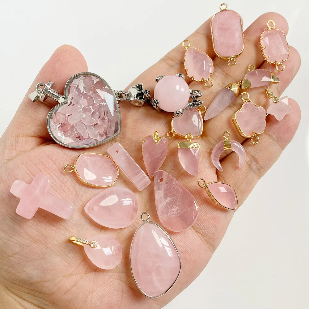 1PC High Quality Rose Quartzs Stone Pendant Natural Water Drop Palm Shape Crystals Pendants for Women Handmade Jewelry Making