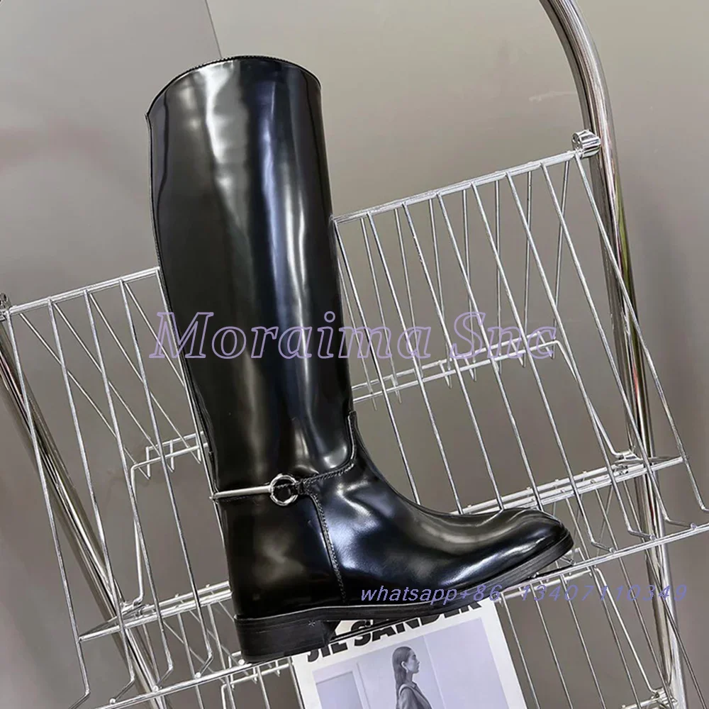 2024 New Metal Buckle Round Toe Knee High Boots Block Mid Heel Slip On Sexy Fashion Women\'s Long Boots Autumn Winter Casual